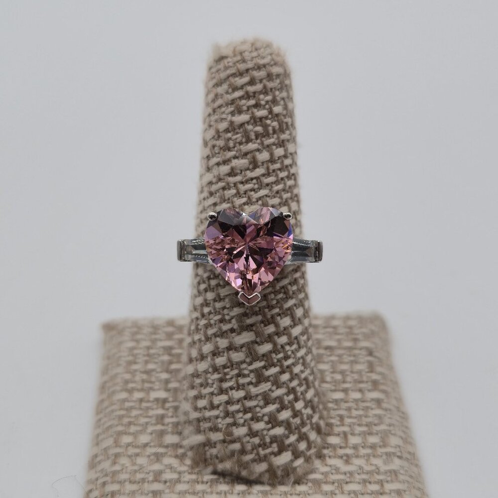 Size 7 Sterling Silver Large Pink Heart Cubic Zirconia Ring A4183